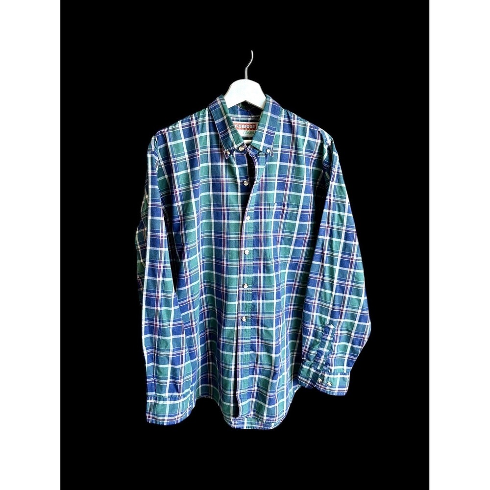 Vintage 80s McGregor Plaid Cotton Button Up Shirt Sz XL Green Blue Distressed